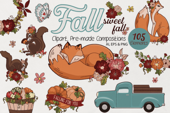 Retro Autumn Animal Friends Clipart for Fall Designs